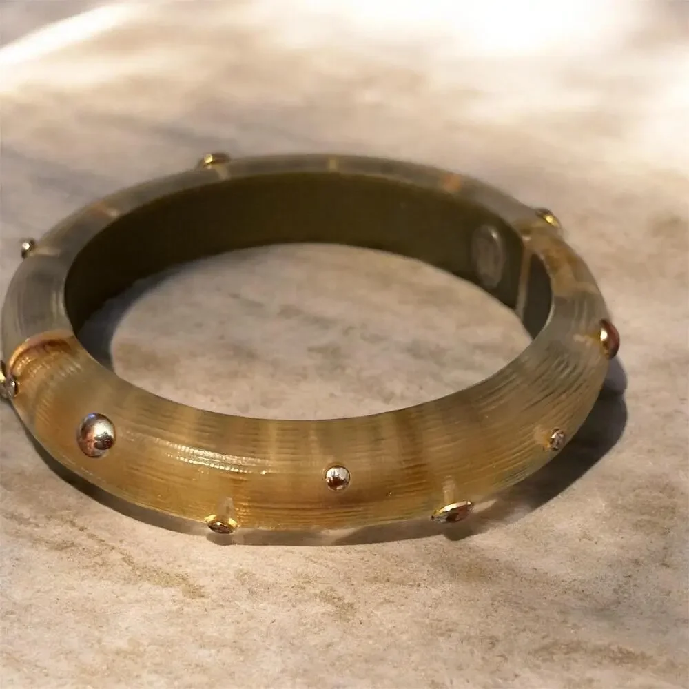 Signed Alexis Bittar Studded Lucite Hinged Bracelet | Frosted Champagne Bangle